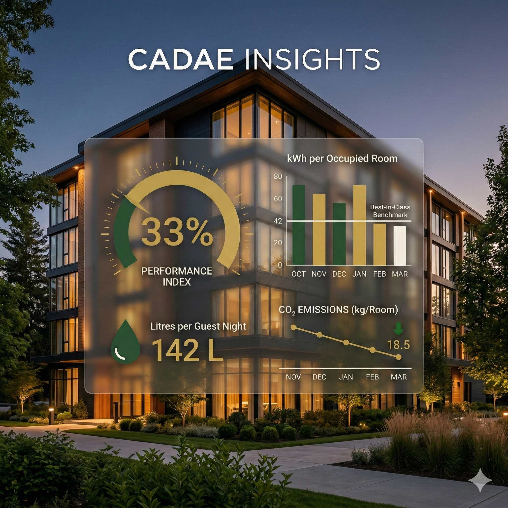 Cadae Insights dashboard overlay on a modern hotel building showing 33% Performance Index, kWh per occupied room benchmarking, CO2 emissions tracking, and water usage at 142 litres per guest night